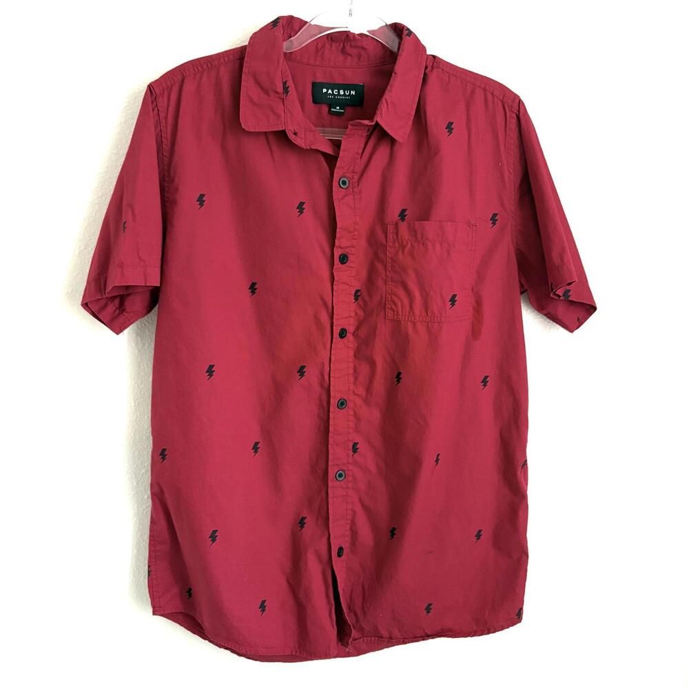 Pacsun | Men’s Short‎ Sleeve Button Up Red Shirt w Black Lightning Bolts Size M